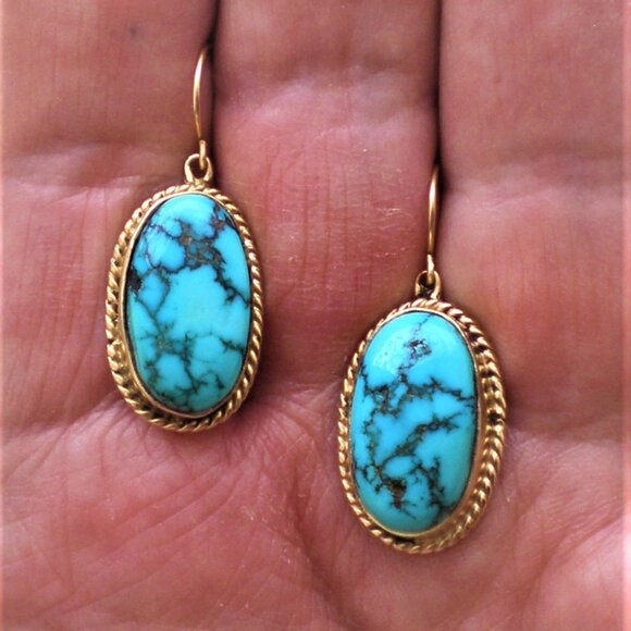 Vintage Native American 14K Yellow Gold Turquoise Dangle Drop Pierced Earrings - Picture 5 of 5
